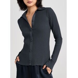 Vince Ribbed Knit Polo Cardigan Womens XS Minimalist Capsule Fitted Button Gray